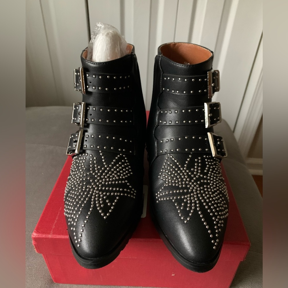 NEW Studded booties, Block Heel with Multiple Buckles, Almond Toe, faux leather